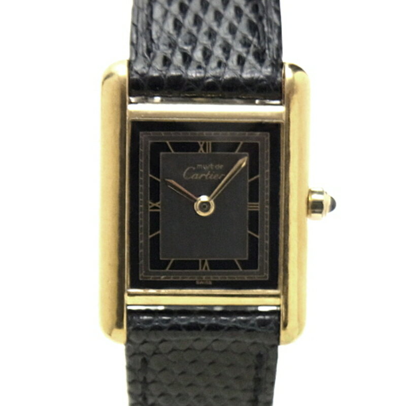 ★期間限定27万→21万★ 【USED】 カルティエ - CARTIER - マストタンク　希少！　飛び ローマン　黒 灰 オニキス グレー ブラック ツートン ダイヤル　S M　YGPケース / 革　クオーツ 　貴重　美品　OH オーバーホール　 レディ—ス 腕時計　(中古)　～出現イベント♪～