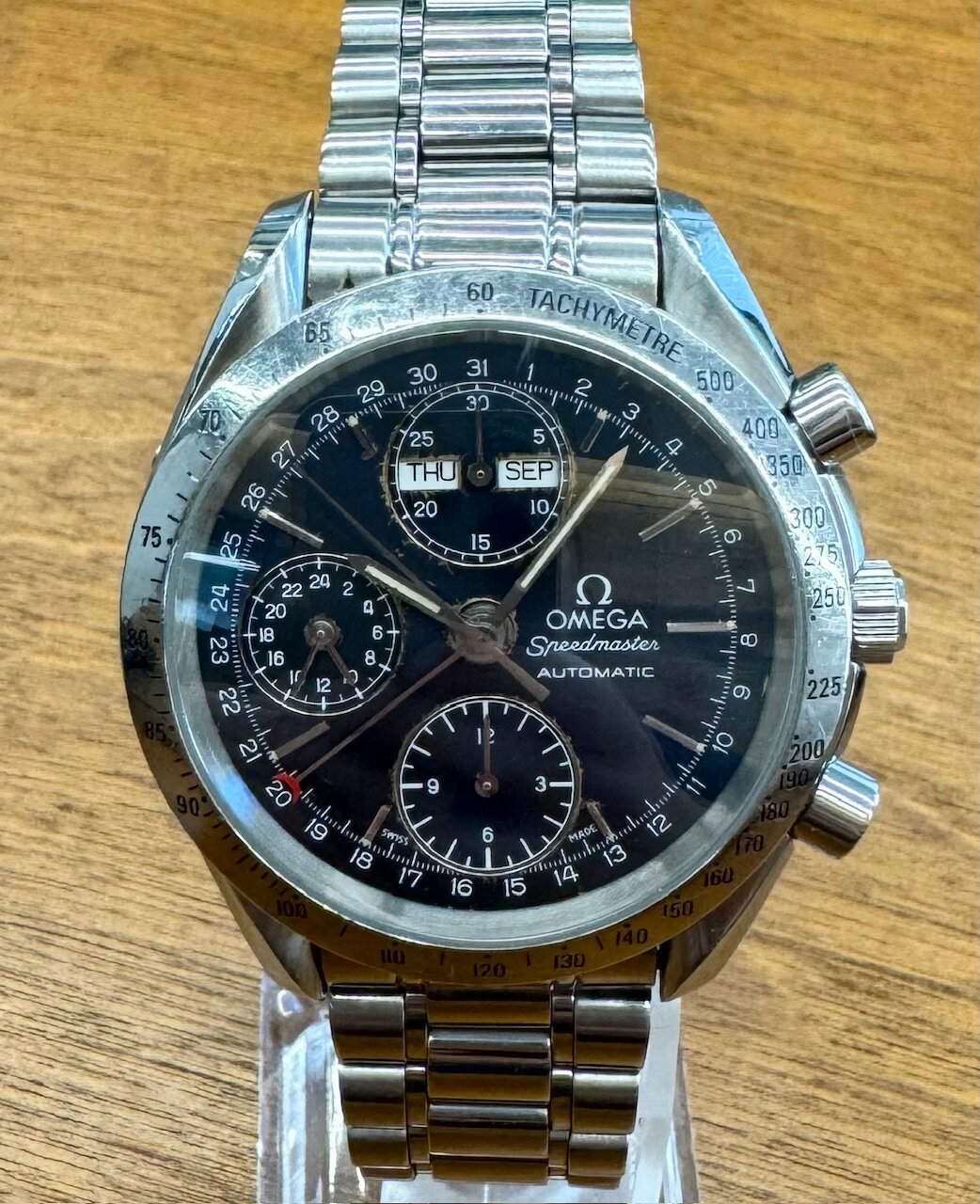 【USED】 オメガ - OMEGA　スピードマスター　デイデイト　貴重　トリプルカレンダー　自動巻　美品　青 ブルー 紺 ネイビー ダイヤル　SS ケース / ブレス　人気！ メンズ　クロノ　腕時計　【中古】