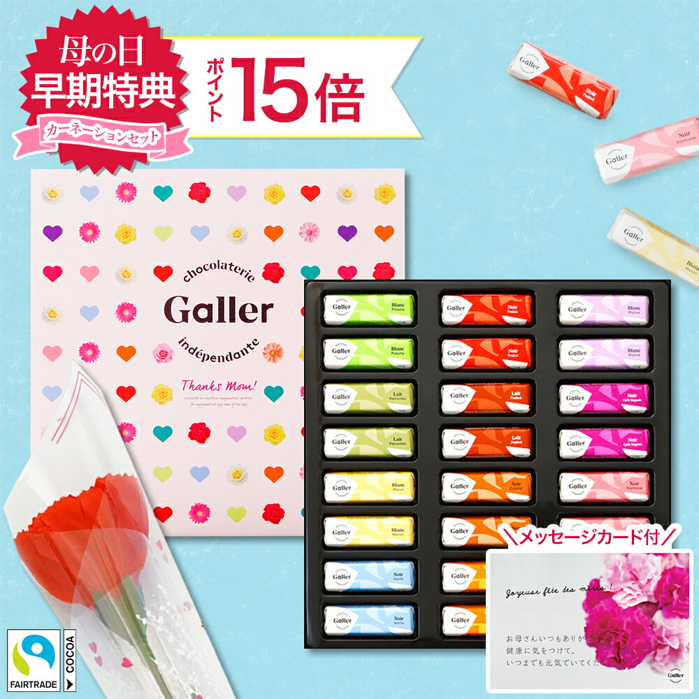 母の日 ギフト ベルギー王室御用達 チョコ ガレー ミニバー24個入 造花 カーネーション ＆ メッセージカード付き 2023 母の日 プレゼント 花 お菓子 花と スイーツ セット 詰め合わせ 義母 チョコレート 食べ物 食品 日付指定 超 早割 クーポンのサムネイル