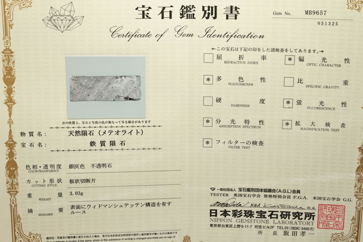 3.03gギベオン隕石ラフ　ナミビア産　鑑別書付き