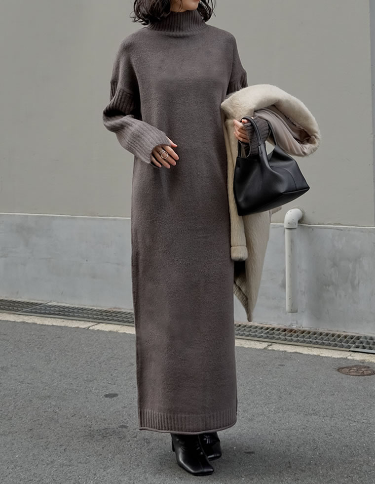 【限定！20%OFFクーポンで4799円】[5万枚HIT]2WAYハイネック指穴マキシニットワンピース 冬 レディース 冬 ワンピース ハイネック ニットワンピース 暖かい 防寒 低身長 タートルネック ロング マタニティワンピース - Image 2