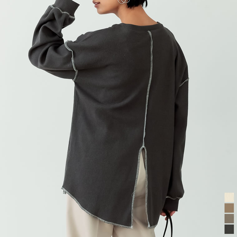 柔らかく温かみのある大人カジュアルカットソーMサイズ アウトシーム配色ステッチワッフルプルオーバー レディース/カットソー トップス アウトシーム チュニック[2021年春夏新作]のサムネイル