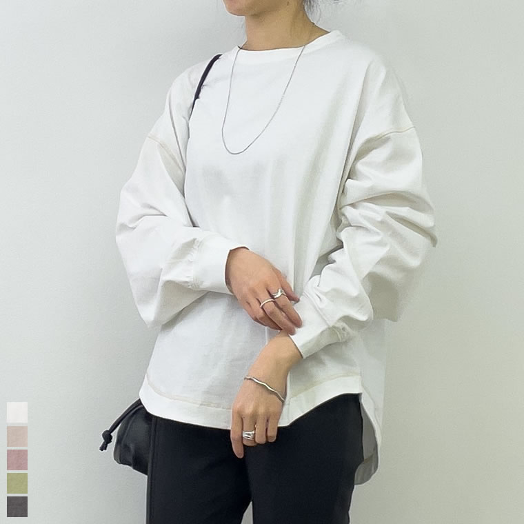 リラックスカジュアルスタイルに欠かせないステッチプルオーバーフリーサイズ 綿天竺微配色ステッチボリュームプルオーバー レディース 春 夏 / カットソー トップス 長袖 [2021年新作]のサムネイル
