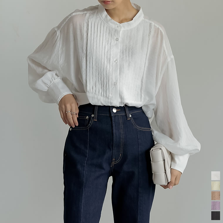 M/Lサイズ ピンタックシアーブラウス レディース 春 夏 / トップス シャツ ブラウス ブザムシャツ ピンタック バンドカラー ボリュームスリーブ チュニック 2021秋冬 2021A/W 2021AWのサムネイル