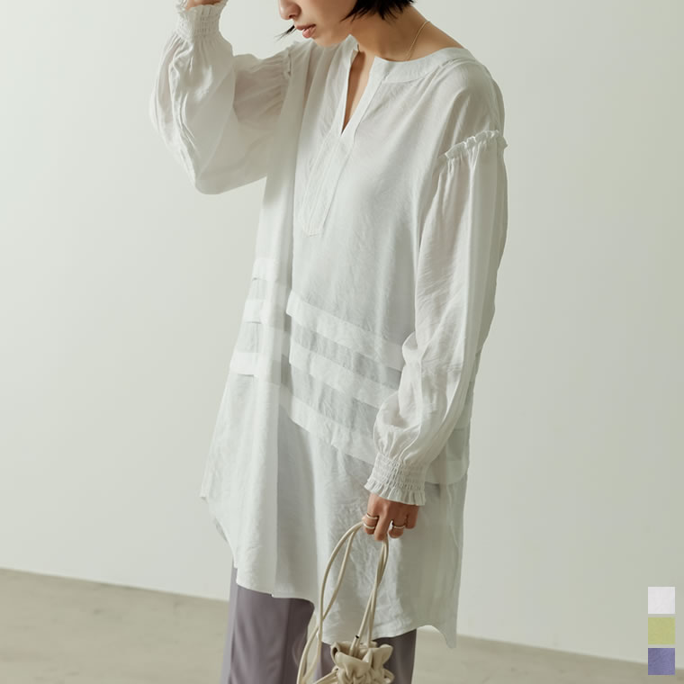 トレンド感たっぷりのシャツチュニックMサイズ シアーカルゼVネックボリュームスリーブチュニック レディース 春 夏 / チュニック カフタンチュニック Vネック ボリュームスリーブ キーネック フリル 2021のサムネイル
