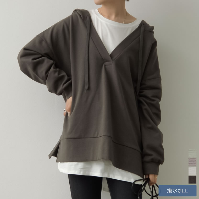 【OUTLET SALE！】M/Lサイズ [撥水加工]スキッパースウェットパーカー レディース 春 夏 / トップス パーカー プルオーバー キーネック Vネック トレーナー 2021秋冬 秋冬 秋 2021AW[撥水加工]のサムネイル