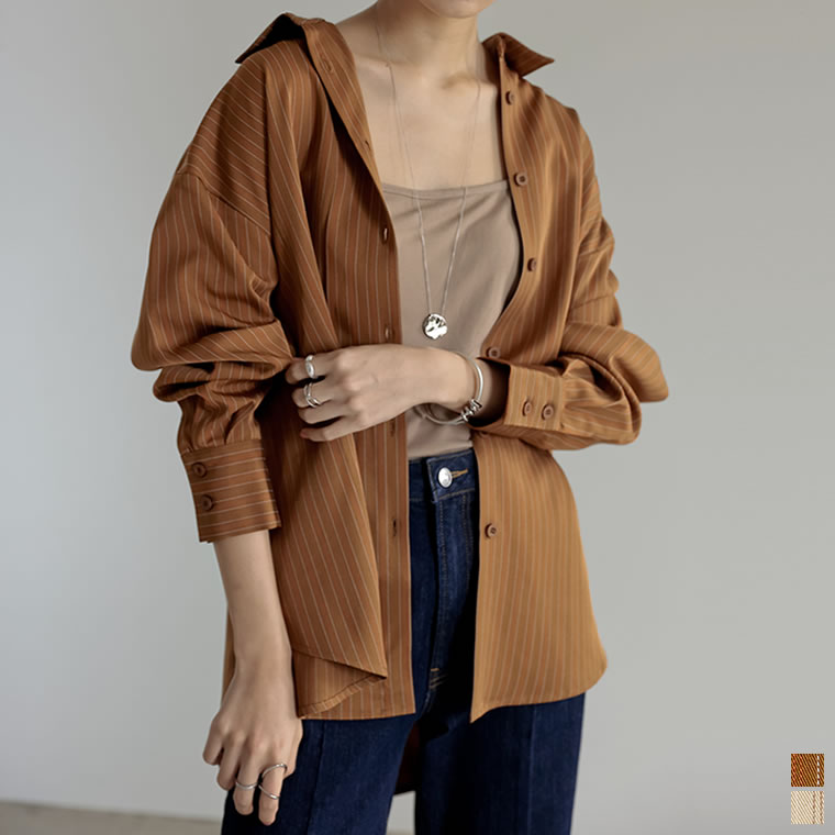 M/Lサイズ マルチストライプシャツ レディース 春 夏 / トップス シャツ ブラウス マルチストライプ柄 オーバーサイズ 長袖 ブラウス 2021秋冬 2021A/W 2021AWのサムネイル