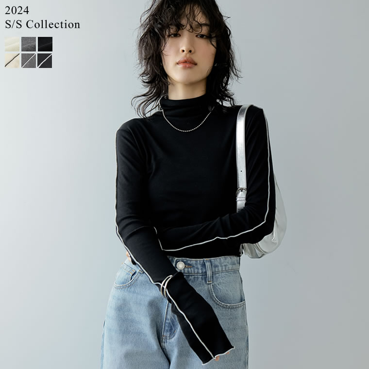 【TIME SALE】M/Lサイズ [2024SS COLLECTION]無地or配色シアーフライスハイネックトップス レディース 春 夏 / トップス Tシャツ カットソー シアー ハイネック メロー インナー 長袖 オケージョン