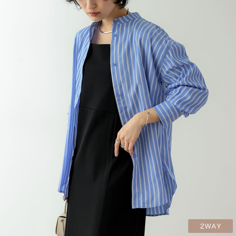 【TIME SALE！30%OFFクーポンご利用で2,450円】M/Lサイズ [2022S/S COLLECTION]2WAYスリーブアウトストライプシャツ レディース 春 夏 / トップス シャツ ブラウス ストライプシャツ チュニック丈 スリーブアウト アウトスリーブ オーバーサイズ ストライプのサムネイル
