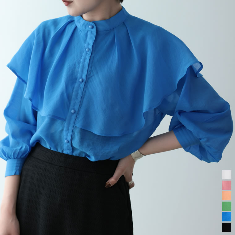 【TIME SALE！20%OFFクーポンご利用で2,800円】M/Lサイズ ケープライクボタンダウンシアーブラウス レディース 春 夏 / トップス シャツ ブラウス シャツ チュニック ケープ風 シアーシャツ ビッグカラーのサムネイル