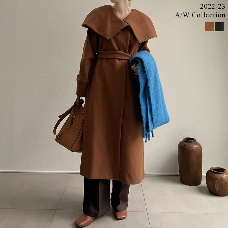 SC/M/Lサイズ [2022A/W COLLECTION][低身長サイズ有]フェイクウールケープカラーロングコート レディース 秋 冬 / ジャケット アウター ロングコート ケープコート ガウンコートのサムネイル