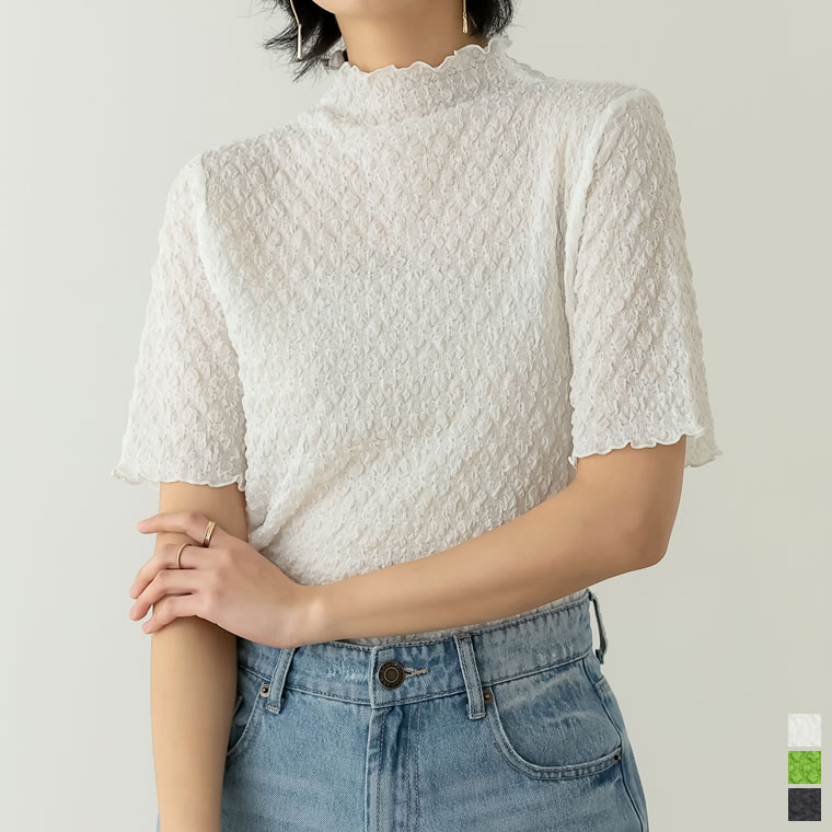 Mサイズ ふくれジャガードボトルネック五分袖カットソー レディース 春 夏 / トップス Tシャツ カットソー ふくれジャガード ポコポコ ぽこぽこ ボトルネック ハイネック[あす楽対応]のサムネイル