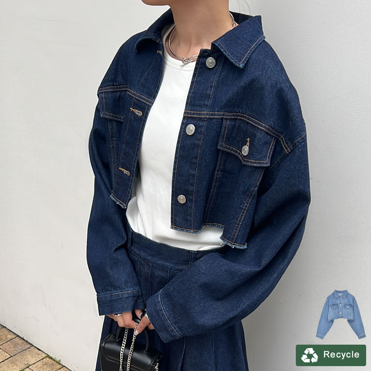 【SPRING FAIR】M/Lサイズ リサイクルコットンダメージショートデニムジャケット レディース 春 夏 / ジャケット デニムジャケット デニム ジーンズ サスティナブル ダメージジーンズ ダメージ…