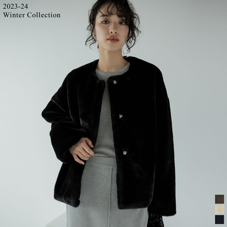 【500円OFFクーポン対象】M/Lサイズ [2023-24 WINTER COLLECTION]フェイクファーノーカラーショート丈ジャケット レディース 秋 冬 / ジャケット アウター ノーカラージャケット フェイクファ…