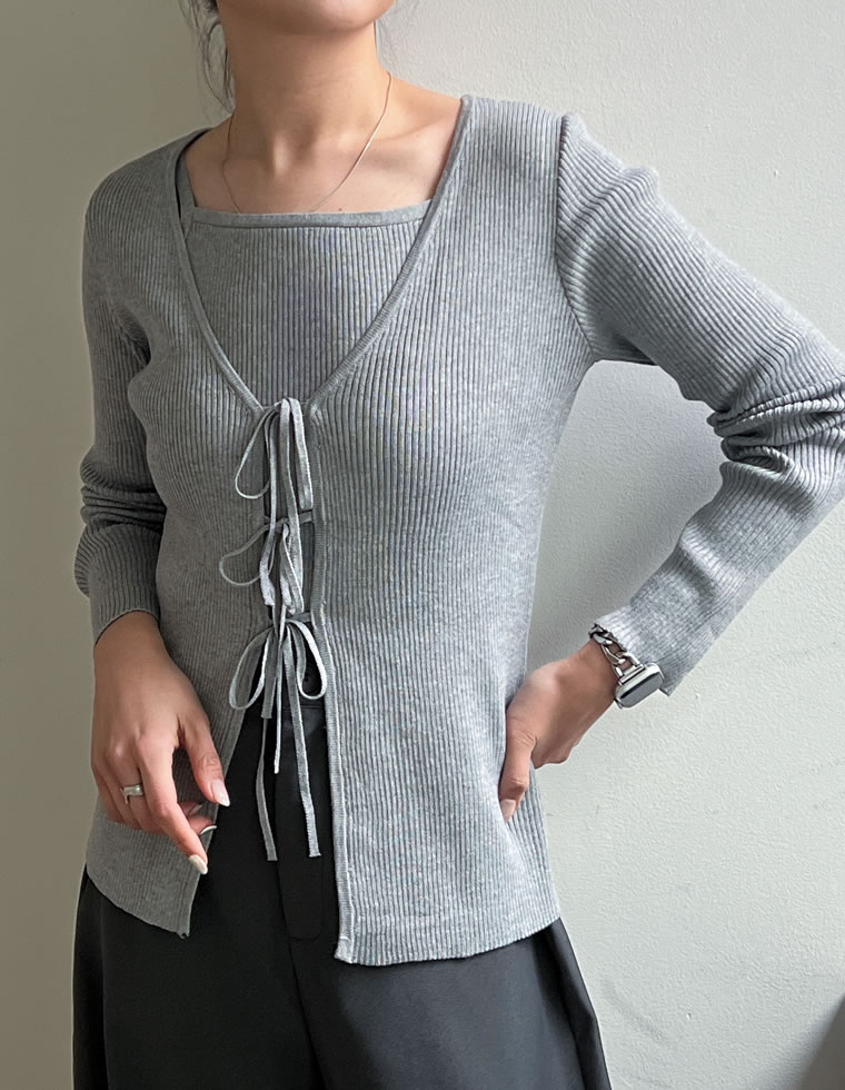 【OUTLET】[2点セット]リボンカーディガン×アメスリキャミソールセット レディース 春 夏 春夏 リエディ トップス ニット カーディガン ニットカーディガン 羽織り キャミソール 長袖 インナー オフィスカジュアル 通勤 galstar-10080459 Re:EDIT(リエディ) サンプル画像3