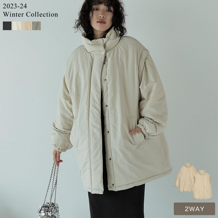 SC/M/Lサイズ [2023-24 WINTER COLLECTION][低身長サイズ有]2WAYミドル丈ダウンライク中綿ジャケット レディース 秋 冬 / ジャケット アウター ダウンジャケット コート ブルゾン スタンドカラー モンスターパーカー[xcp]