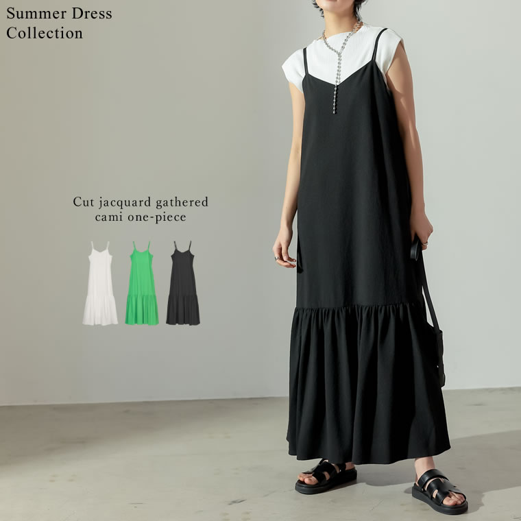 【SPRING FAIR】SC-Lサイズ [SUMMER DRESS COLLECTION][低身長/高身長サイズ有]カットジャガードギャザーフレアキャミワンピース レディース 春 夏 / ワンピース ジャンパースカート キャミワ…