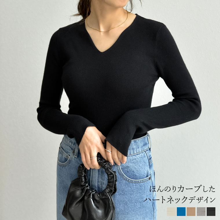 M/Lサイズ Vネックベーシックリブニットトップス レディース 秋 冬 / トップス ニット セーター リブニット ニットトップス ハートネック Vネック コンパクトトップス オフィスカジュアル 通勤 洗濯機で洗える