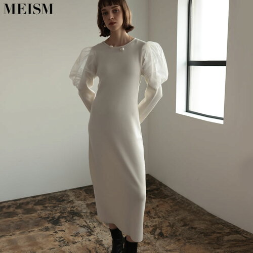 [2023A/W COLLECTION][MEISM by Re:EDIT][低身長サイズ有]チュールパフスリーブIラインニットワンピース