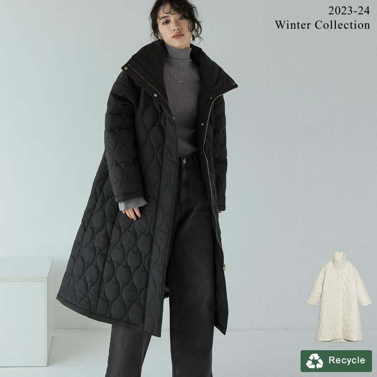 SC/M/Lサイズ [2023-24 WINTER COLLECTION][低身長サイズ有]中綿リサイクルタフタキルティングスタンドカラーフレアロングコート レディース 秋 冬 / ジャケット アウター ダウンジャケット コート