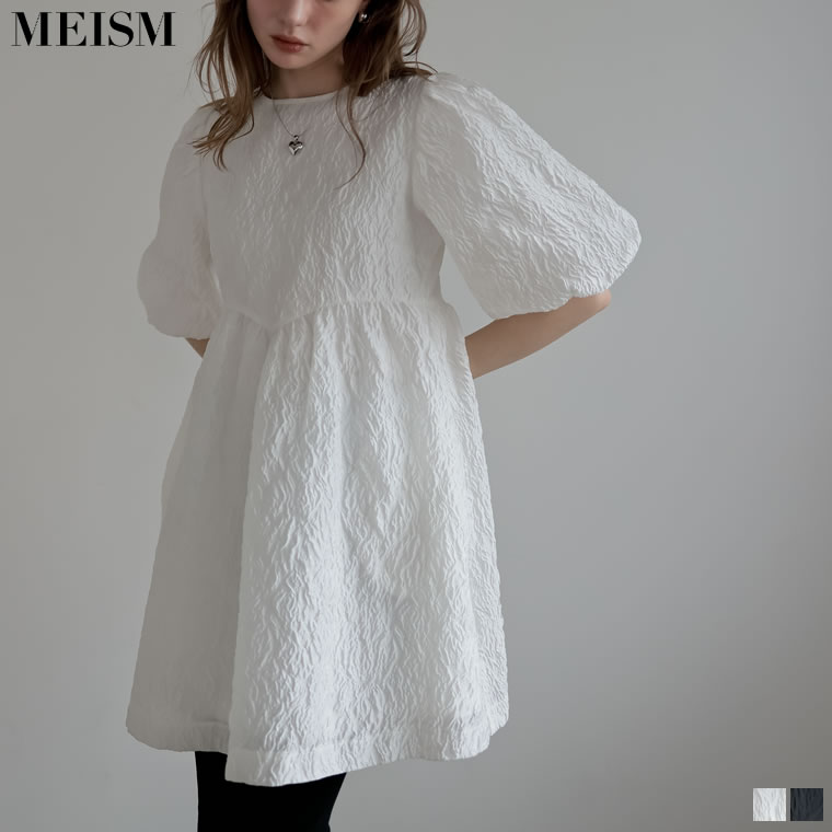 【TIME SALE】SC/M/Lサイズ [2024SS COLLECTION][MEISM by Re:EDIT][低身長サイズ有]バックリボンパフスリーブジャガードワンピース レディース 春 / ワンピース チュニック 半袖 ジャガードワンピース トップス リボン 体型カバー