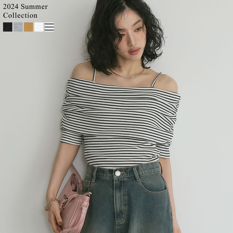 【限定！20%OFFクーポンご利用で2,998円】M/Lサイズ [2024 SUMMER COLLECTION][森カンナさん着用]2WAYリブカットソー五分袖オフショルトップス レディース 春 夏 / トップス[一部先行予約受注]