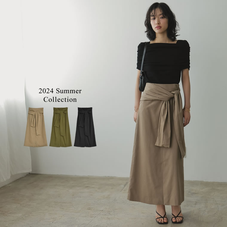 [2024 SUMMER COLLECTION][低身長サイズ有]リネン混ウエストリボンナロースカート