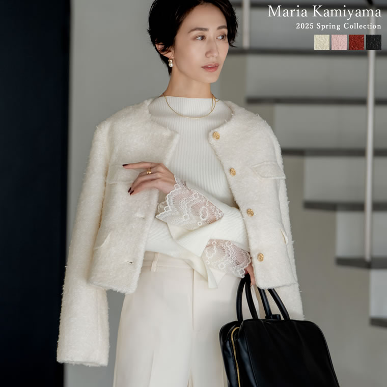 ボアリボン金釦ノーカラーツイードジャケット レディース 春 リエディ / ジャケット 金ボタン アウター 羽織り ツイードジャケット オケージョン 結婚式 セレモニー オフィスカジュアル 通勤 長袖 パーティドレス