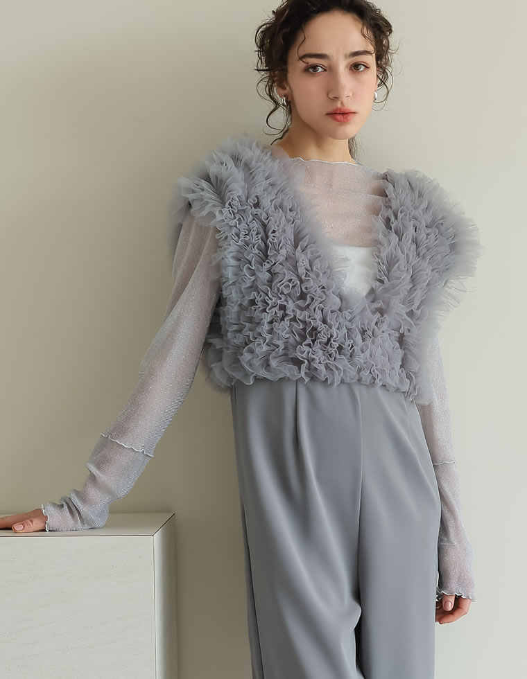 【全品2BUY15%OFFクーポン】[2025SS COLLECTION][MEISM by Re:EDIT][低身長サイズ有]チュールフリルドッキングオールインワン レディース / オールールインワン ロンパース チュール ドッキング Vネック レイヤード ビスチェ [June Bride]