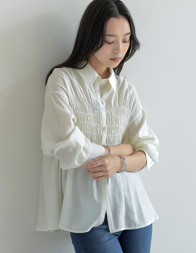 【SPECIAL FAIR】シャーリングデザインシアーシャツ レディース 春 夏 リエディ トップス シアーシャツ シアートップス 長袖 ブラウス シャツ シアー 羽織り オフィスカジュアル オフィス 通勤 チュニック 体型カバー シャーリング galstar-10082249 Re:EDIT(リエディ) サンプル画像3