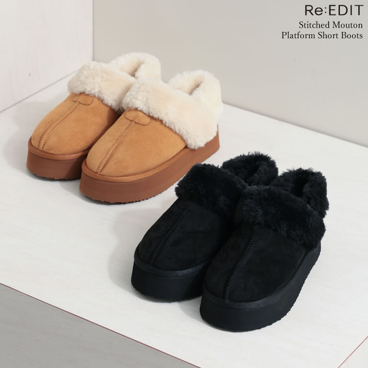 【全品MAX20%OFFクーポンで3,999円】≪11月8日発売≫S-3Lサイズ [大きいサイズ有]ステッチムートン厚底ショートブーツ レディース 秋 冬 リエディ / シューズ スリッポン ムートンブーツ ブーツ ショートブーツ 厚底 軽量 軽い フェイクファー フェイクスウェードのサムネイル