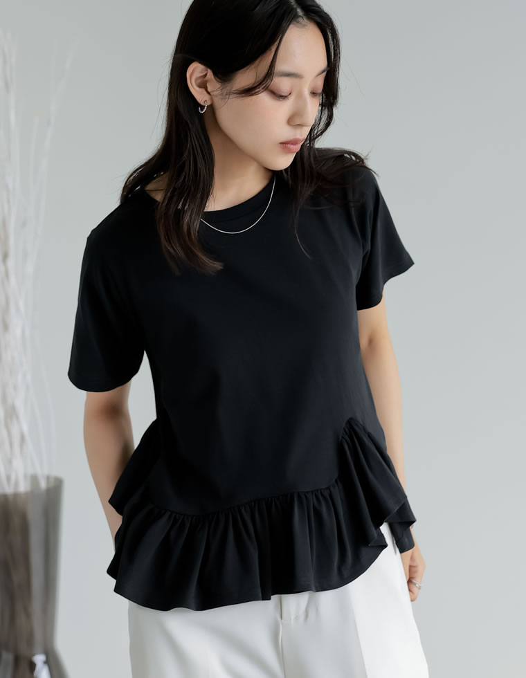 【SPECIAL FAIR】[接触冷感][UVカット]コットン天竺フリルヘムTシャツ レディース 夏 リエディ トップス Tシャツ カットソー フリル ペプラム 接触冷感 半袖 コットンブレンド 体型カバー オフィスカジュアル オフィス 通勤 galstar-10082268 Re:EDIT(リエディ) サンプル画像3