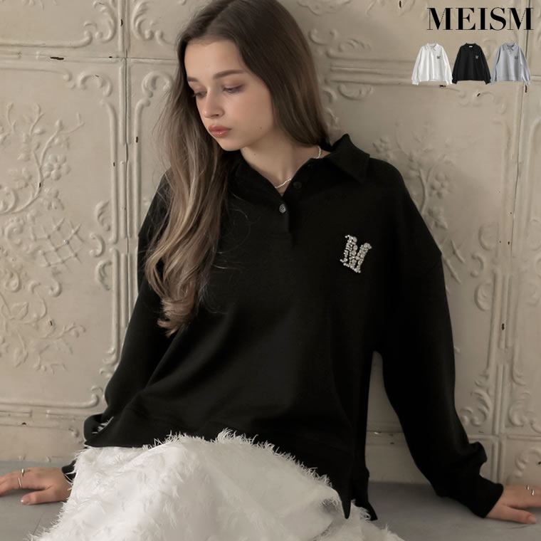 【全品MAX20%OFF】【クーポンで4,799円】[MEISM by Re:EDIT]Mロゴビジューポロスウェットトップス レディース 秋 冬 秋冬 トップス パーカー ダンボール パーカー スウェット オーバーサイズ セットアップ対応 リラックスウェア ビジュー [先行予約受注]のサムネイル