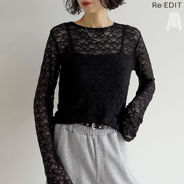 ≪9月14日発売≫M/Lサイズ カットレースクルーネック長袖トップス レディース 秋 冬 リエディ / トップス Tシャツ カットソー レース 長袖 ブラウス カットレース インナー レイヤード オケージョン フォーマル [先行予約受注]のサムネイル