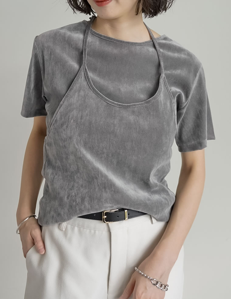 [2点セット]カットベロアホルターネックビスチェ×Tシャツ レディース 秋 冬 リエディ / トップス カットソー ホルターネック 2点セット レイヤード ビスチェ ベロア ロンT 長袖 重ね着 Tシャツ 半袖 [mb] galstar-10082421 Re:EDIT(リエディ) サンプル画像3