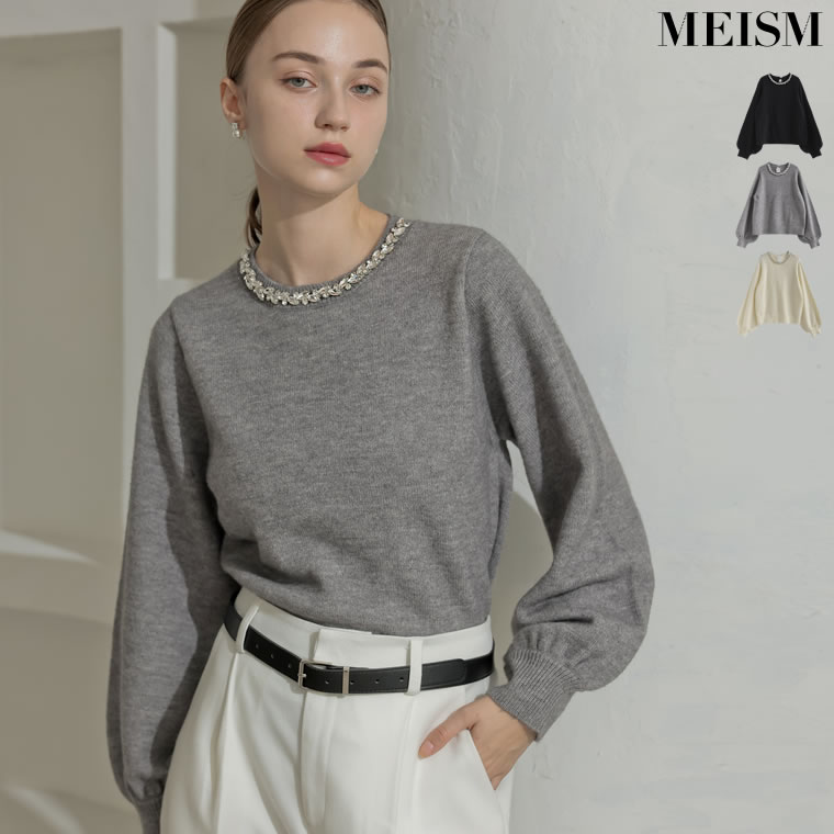 【先行予約会！20%OFFクーポンで4,799円】[2025-26 WINTER PRE ORDER][MEISM by Re:EDIT]ビジュークルーネックパフスリーブニットプルオーバー レディース 秋 冬 秋冬 トップス ニット ビジュー クルーネック オフィス [先行予約受注]のサムネイル