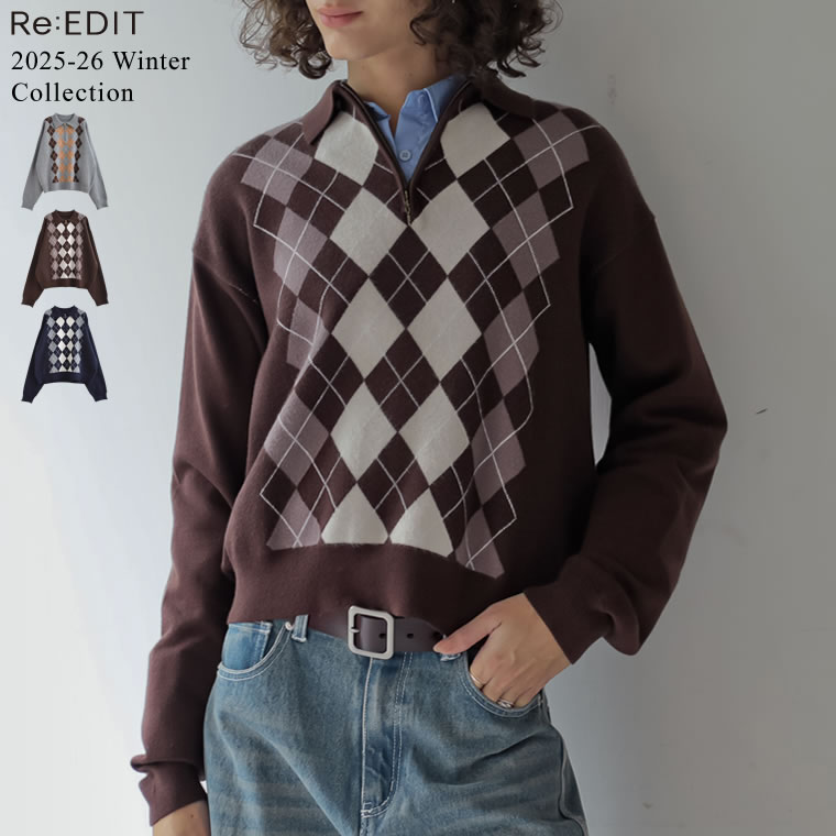 ≪11月20日発売≫M/Lサイズ アーガイル柄ハーフジップニットトップス レディース 秋 冬 リエディ / トップス ニット セーター アーガイル ポロニット 襟 ハーフジップ 長袖 スキッパー プルオーバー レイヤード 重ね着 オフィス 通勤 [先行予約受注]のサムネイル