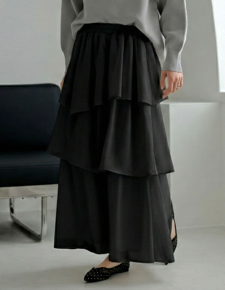 [MEISM by Re:EDIT]ドットor無地シアーアシメティアードロングスカート レディース 春 スカート ティアード シフォン アシンメトリー ロング イレギュラーヘム フレア 体型カバー 低身長 galstar-10082739 Re:EDIT(リエディ) サンプル画像3