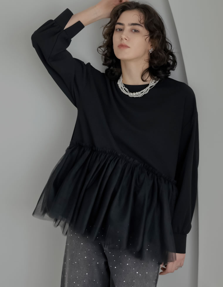 M/Lサイズ [MEISM by Re:EDIT]カットジョーゼットチュールペプラムトップス レディース 春 トップス Tシャツ カットソー ペプラム プルオーバー カットジョーゼット 長袖 体型カバー オーバーサイズ チュールドッキング 異素材切り替え galstar-10082753 Re:EDIT(リエディ) サンプル画像3