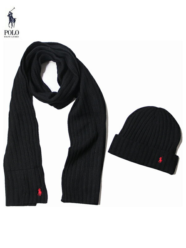 ラルフローレン マフラー（レディース） 【USモデル】POLO Ralph Lauren KNITCAP SCARF GIFT 2PIECE SET black ポロ ラルフローレン マフラー ニットキャップ ギフト セット ブラック