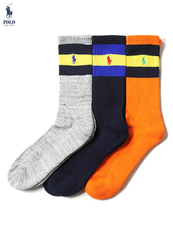 POLO Ralph Lauren ポロ ラルフローレン 3PAIRS LINED PONY Hi SOCKS SOX gray/navy/orange 3足組 ライン ポニー ハイソックス 24cm〜30cm