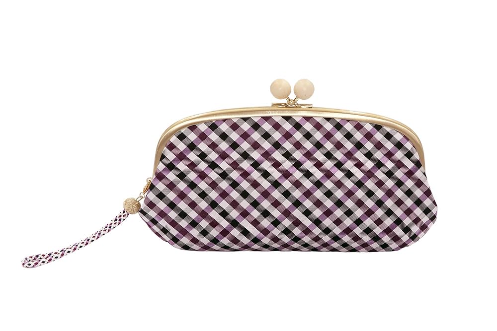 Atelier Kyoto Nishijin 西陣織シルク がま口長財布 京組紐ストラップ付 ギンガムチェック (Purple) | 長財布 レディース シルク