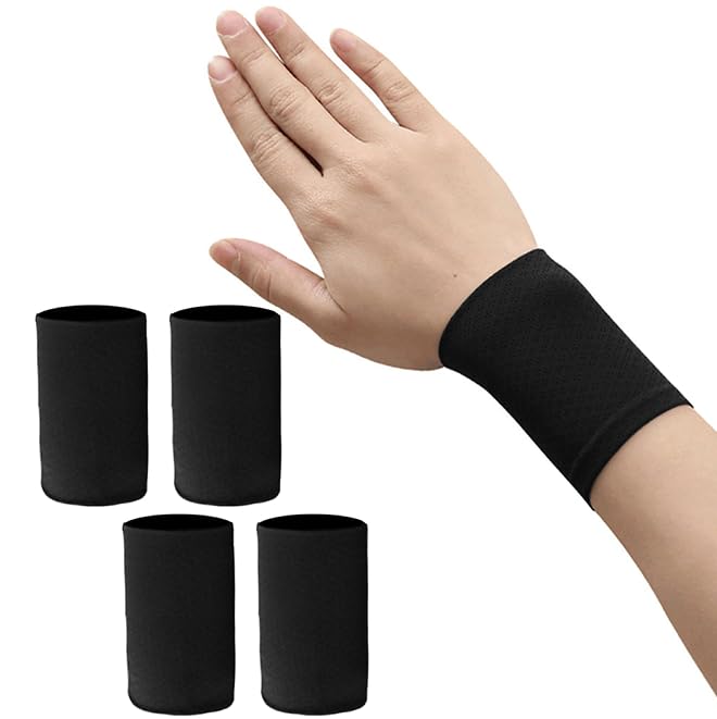 DFsucces リストバンド 薄手 4枚セット 冷感 野球 テニス ランニングの汗吸収 速乾 通気性 ロング ショート スポーツ ヨガ 筋トレ スポーツ用 夏の日焼け防止対策 男女兼用 (ブラック*4枚, 8cm)
