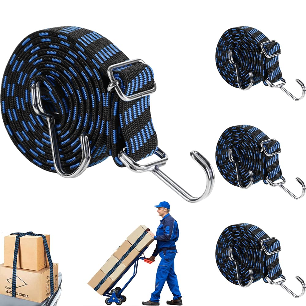 ブルーのゴム紐セット（4本） - ゴムバンド（最新亜鉛メッキ鋼製フック） - 荷台用ゴムひも200cm - 荷..