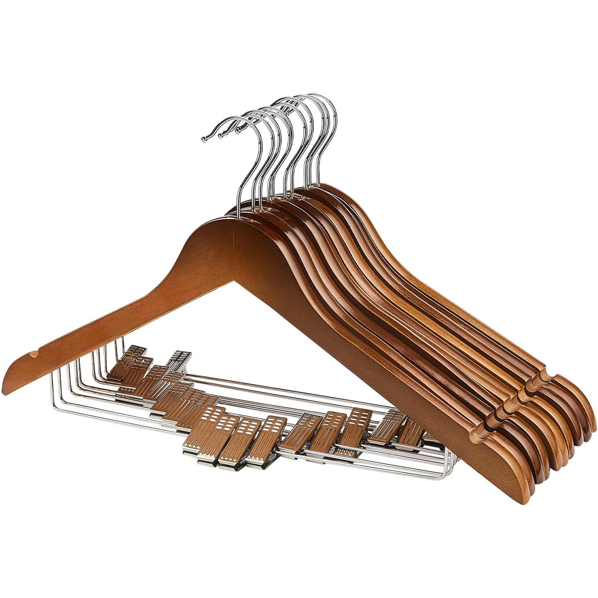 夢の家木製スーツハンガー クリップ付きハンガー 10本セット スーツ ジャケット コート用 手作 天然高級木 (茶色 10)