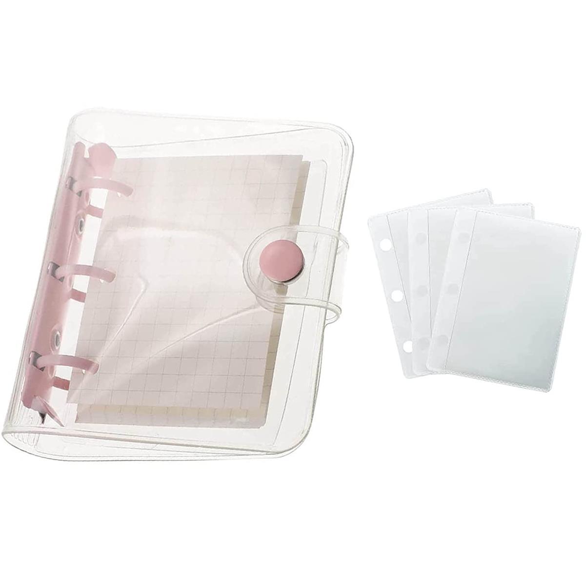 ミニシステム手帳 3穴バインダー 可愛い 防水 ハンドブック ポケットサイズ メモ帳 トレカケース リフィル付き 学生用 オフ ィス用 (ピンク)