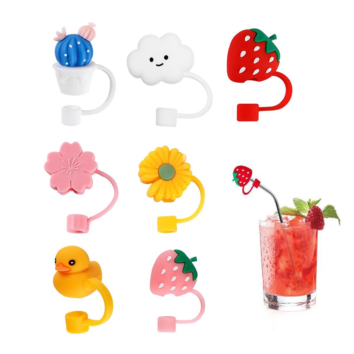 ZHEJIA ストローキャップ シリカゲルストローカバー 7個セット 防塵防滴 ストローチップ シリコン ストローカバー カバー かわいい ストロー 装飾カバー 再利用可能 漏れ防止 装飾用 飲用 インテリア用 カートゥーン 適用6-8 mmストロー