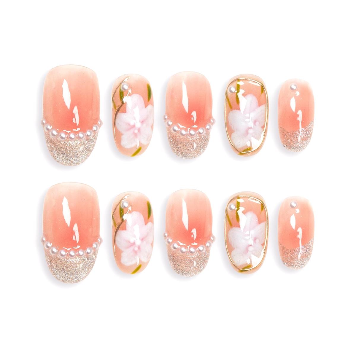 スタイル：ピンク◆商品名：Sun&Beam Nails 手作り ネイルチップ ミディアム オーバル 人気 3d マグネット デザイン ピンク パール 椿 ファッション 可愛い 和柄 収納ボックス付き 10枚入 (#01 木槿・ピンク · X...