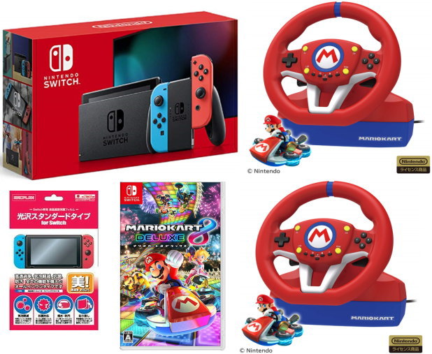 二人で遊べる【当社限定品】★おまけ付★新品　Nintendo Switch Joy-con(L)ネオンブルー/（R）ネオンレッド　+マリオカート8 デラックス+【任天堂ライセンス商品】マリオカートレーシングホイール for Nintendo Switch【Nintendo Switch対応】2個セット