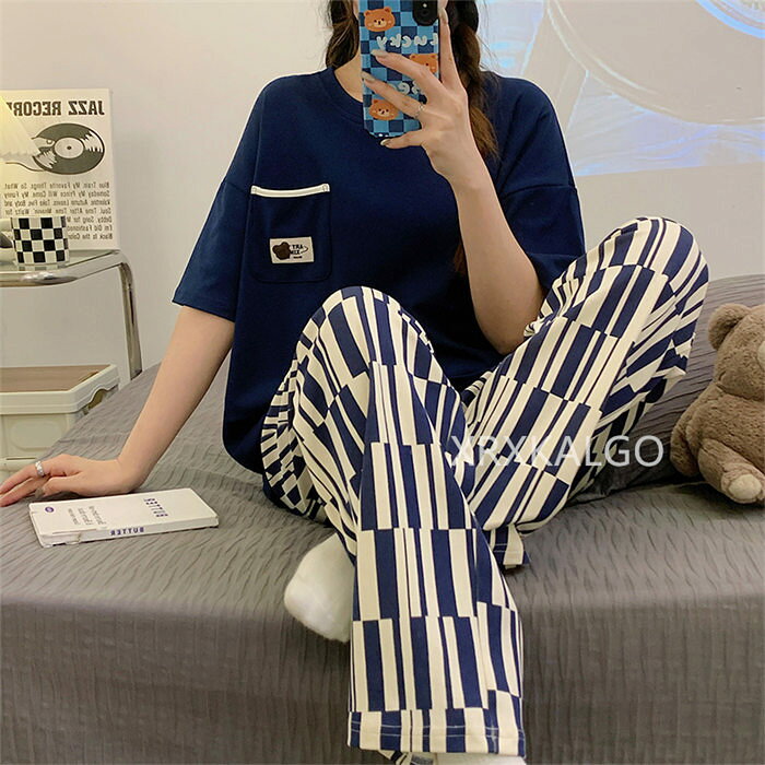 【SALE最大20%OFF】パジャマ レディース 半袖 長ズボン 綿 tシャツ 長パンツ 可愛い柄 チェック綿混紡 夏 ルームウェア 春夏 大きいサイズ 可愛い 産後 入院 新生活 プレゼント おしゃれ M L LL 部屋着 外出用 入院 ゴムウエスト
